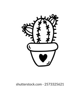 Cute Cactus Doodle Clip Art. Black and white simple illustration. Vector stock image isolated on white background. Graphic design vector illustration	
