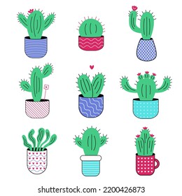 Cute cactus doodle set. Cartoon nine different cacti in pots on a white background. Cool vector illustration in flat style.