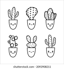 Cute cactus doodle set in sketch style. Cacti characters variety with kawaii emotions. Vector illustration of sweet happy smiling succulents with thorns and needles. Cactuses in flower pots icons.