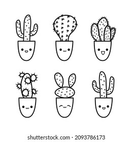 Cute cactus doodle set in sketch style. Cacti characters variety with kawaii emotions. Vector illustration of sweet happy smiling succulents with thorns and needles. Cactuses in flower pots icons.