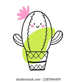 Cute cactus with face. Doodle icon. Postcard decor element. Flower in pot.