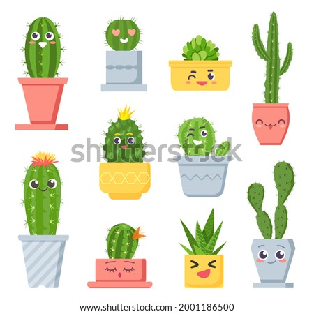 Cute cactus with faces. Cartoon succulent pot plants characters with emoji. Smiling tropical cacti funny face in flowerpots vector set. Houseplant and flowerpot, botanical cacti exotic illustration