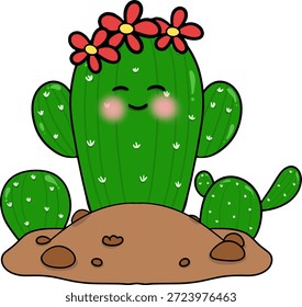 Cactos bonitos com rostos e flores vermelhas no vetor da colina