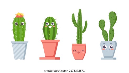 Cute cactus with faces. Succulent pot plants characters with positive emotions. Smiling tropical cacti with thorns in flowerpots with kind facial expressions, floral nature isolated vector set