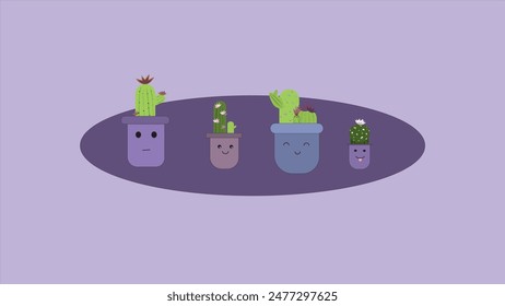 Cute cactus family, hand drawn cartoon cactus in pots on purple background, spiny indoor plants for project