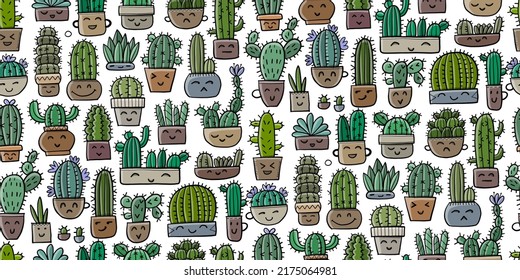 Cute cactus family. Kawaii potted plant. Seamless pattern background for your design