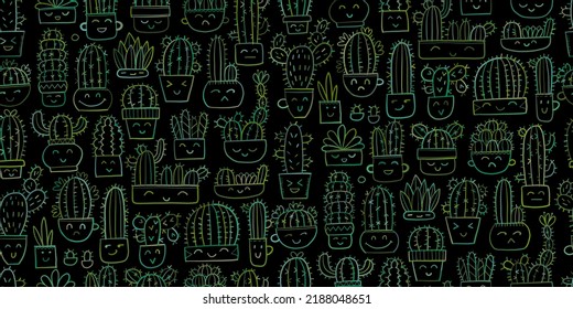 Cute cactus family. Kawaii potted plant. Seamless pattern background for your design