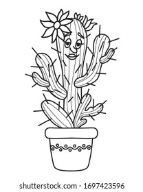 Cute cactus with a female face. Succulent. Cactus with a flower in a pot. Children's drawing. Black outline on a white isolated background. Vector and illustration.