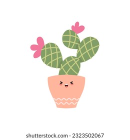 Cute cactus. Flat illustration of a kawaii smiling succulent in a flower pot. Vector 10 EPS.