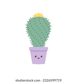 Cute cactus. Flat illustration of a kawaii smiling succulent in a flower pot. Vector 10 EPS.