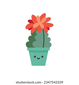 Cute cactus. Flat illustration of a kawaii smiling succulent in a flower pot. Vector 10 EPS.