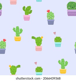 Cute cactus flat style seamless pattern. Vector illustration background for design, Cloth, gift paper, packaging, fabric.