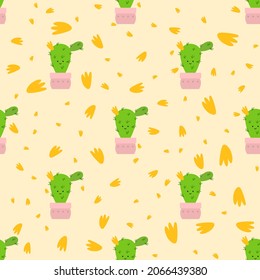 Cute cactus flat style seamless pattern. Vector illustration background for design, Cloth, gift paper, packaging, fabric.