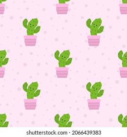 Cute cactus flat style seamless pattern. Vector illustration background for design, Cloth, gift paper, packaging, fabric.