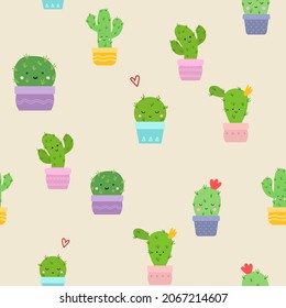 Cute cactus flat style seamless pattern. Vector illustration background for design, Cloth, gift paper, packaging, fabric.