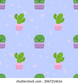 Cute cactus flat style seamless pattern. Vector illustration background for design, Cloth, gift paper, packaging, fabric.