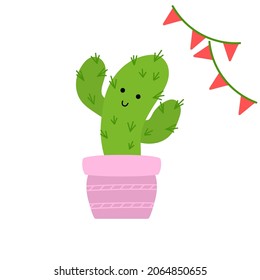 Cute cactus flat style vector illustration on white background. Houseplant succulent. Funny cacti with faces in pots for design, cards, stickers.