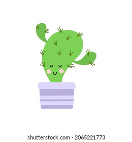 Cute cactus flat style vector illustration on white background. Houseplant succulent. Funny cacti with faces in pots for design, cards, stickers.