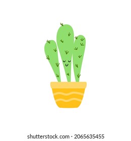 Cute cactus flat style vector illustration on white background. Houseplant succulent. Funny cacti with faces in pots for design, cards, stickers.