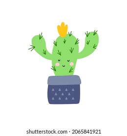 Cute cactus flat style vector illustration on white background. Houseplant succulent. Funny cacti with faces in pots for design, cards, stickers.