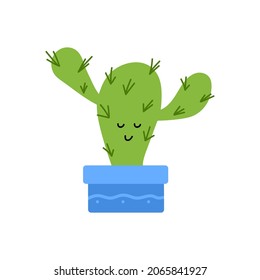 Cute cactus flat style vector illustration on white background. Houseplant succulent. Funny cacti with faces in pots for design, cards, stickers.