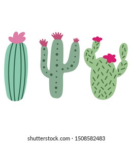 Cute cactus with flower collection. Hand drawn colorful clipart set. Isolated cartoon element. Vector flat illustration.