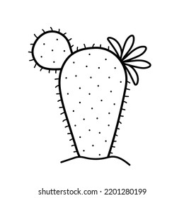 Cute cactus with flower. Hand drawn prickly plant in doodle sketch style. Vector illustration isolated on white background.