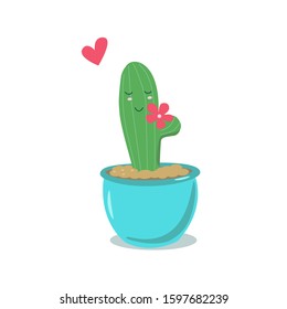 Cute cactus with flower and heart, vector illustration for greeting card, valentines day card