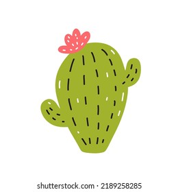 Cute cactus with a flower isolated on white background. Vector illustration in hand-drawn flat style. Perfect for cards, logo, decorations, various designs. Botanical clipart.