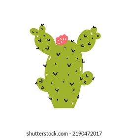 Cute Cactus With A Flower Isolated On White Background. Vector Illustration In Hand-drawn Flat Style. Perfect For Cards, Logo, Decorations, Various Designs. Botanical Clipart.