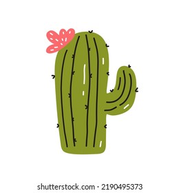 Cute Cactus With A Flower Isolated On White Background. Vector Illustration In Hand-drawn Flat Style. Perfect For Cards, Logo, Decorations, Various Designs. Botanical Clipart.