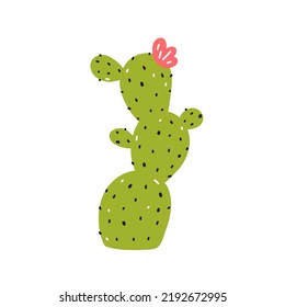 Cute Cactus With A Flower Isolated On White Background. Vector Illustration In Hand-drawn Flat Style. Perfect For Cards, Logo, Decorations, Various Designs. Botanical Clipart.