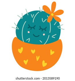 Cactus lindo con una flor en una olla. Flor de casa. Cactus de caricatura con una cara graciosa. Perfecto para póster, tarjeta, portada, impresión. Ilustración vectorial en estilo plano Aislado