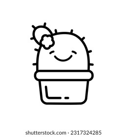 Cute cactus with a flower in a pot. Smiling cactus character. Design element for children's prints, stickers. Spiny house plants. Vector illustration in doodle style