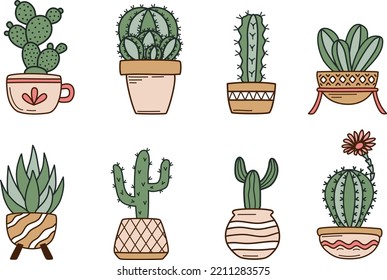 Cute cactus in flower pots set