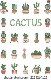 Cute cactus in flower pots set