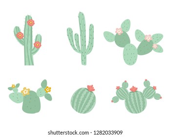 Cute cactus with flowers icon set. Collection of objects, design elements, flat cartoon style. Isolated on white background. Vector illustration