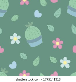 cactus bonitos, flores y hojas, patrón vectorial sin fisuras sobre fondo verde con corazones