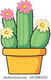 Cute Cactus with Flowers in a Pot Cartoon Vector Clipart
