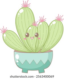 Cute Cactus Foliage With Little Pink Flower in Blue Pot. Simple House Plant Cacti Illustration.