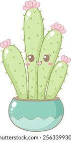 Cute Cactus Foliage With Pink Flower in Blue Pot. Simple House Plant Cacti Illustration.