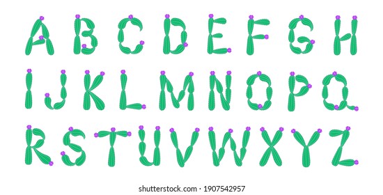 Cute cactus font and alphabet. All letters from a to z included, they are isolated on white background. Can be used to print children poster, flower shop logo any quote or phrase. Digital illustration