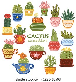Cute Cactus full filled color doodles set in different color pots on white background 