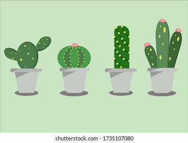 Cute cactus in funny pots. Vector illustration collection set