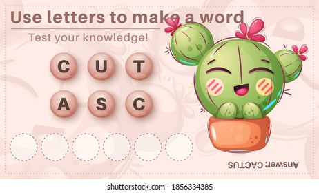 Cute cactus - game for kids, make a word from letters. Vector eps 10