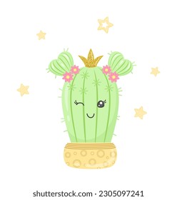 Cactus guapa con cara divertida, corona y flores rosas en el peinado, aislada en un fondo blanco con estrellas pequeñas amarillas. El personaje de la planta de Kawaii en una maceta de flores. Ilustración vectorial para impresión 