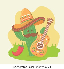 lindo cactus con guitarra y sombrero