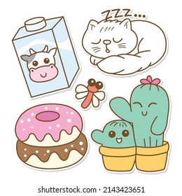 Cute cactus hand drawn with cat and other objects doodle stickers