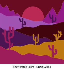 Cute cactus and hand drawn textures. Perfect for fabric, textile. Vector background on purple, red and orange.