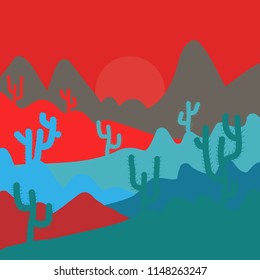 Cute cactus and hand drawn textures. Perfect for fabric, textile. Vector background on blue, red and brown.